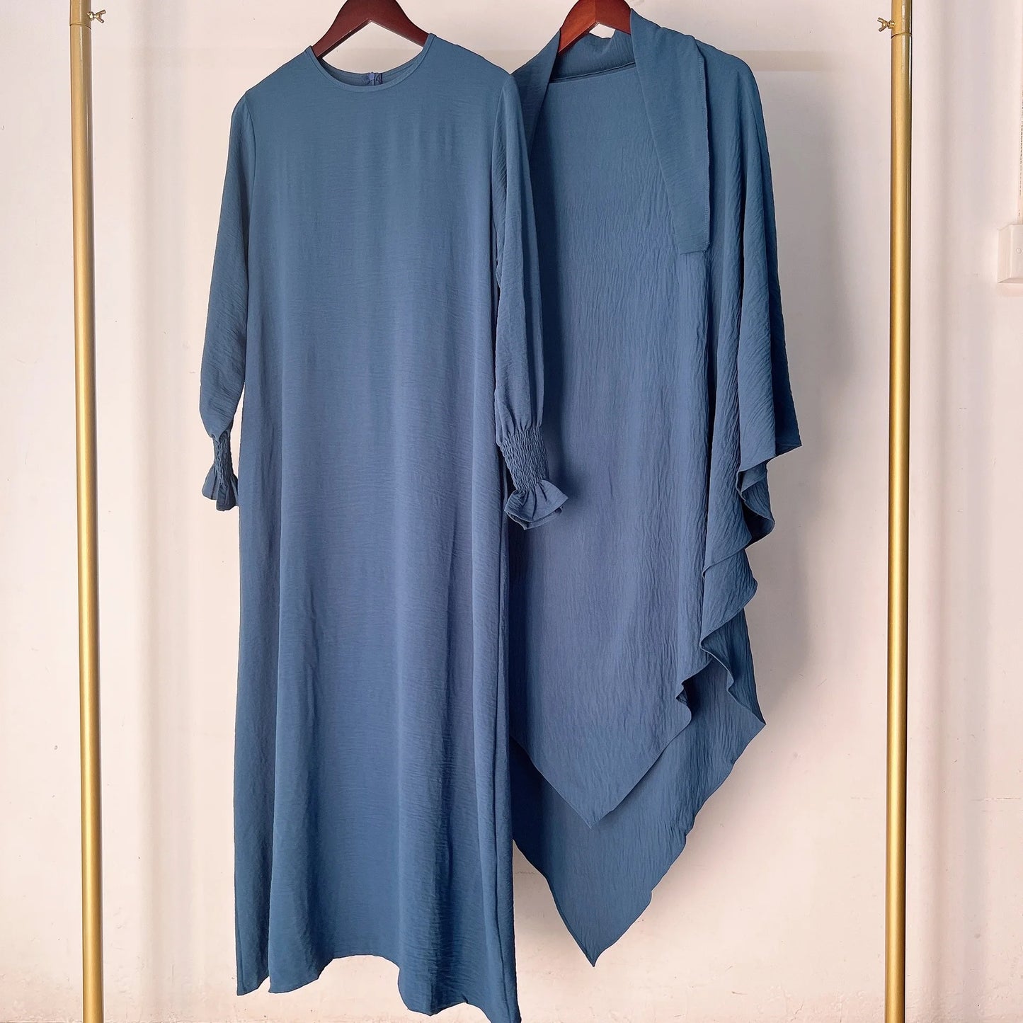 2 Pcs Muslim Set  New Sweet Solid Color Long Dress+Single Layer Shawl Suit  Abaya and Khimar Set Jilbab 2 Pcs Ramadan Long Hijab