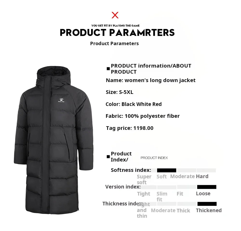 Kelme Sports Down Jacket Women's Long Winter Coat Thick Warm Cotton Jacket Windproof And Snow Proof Coat