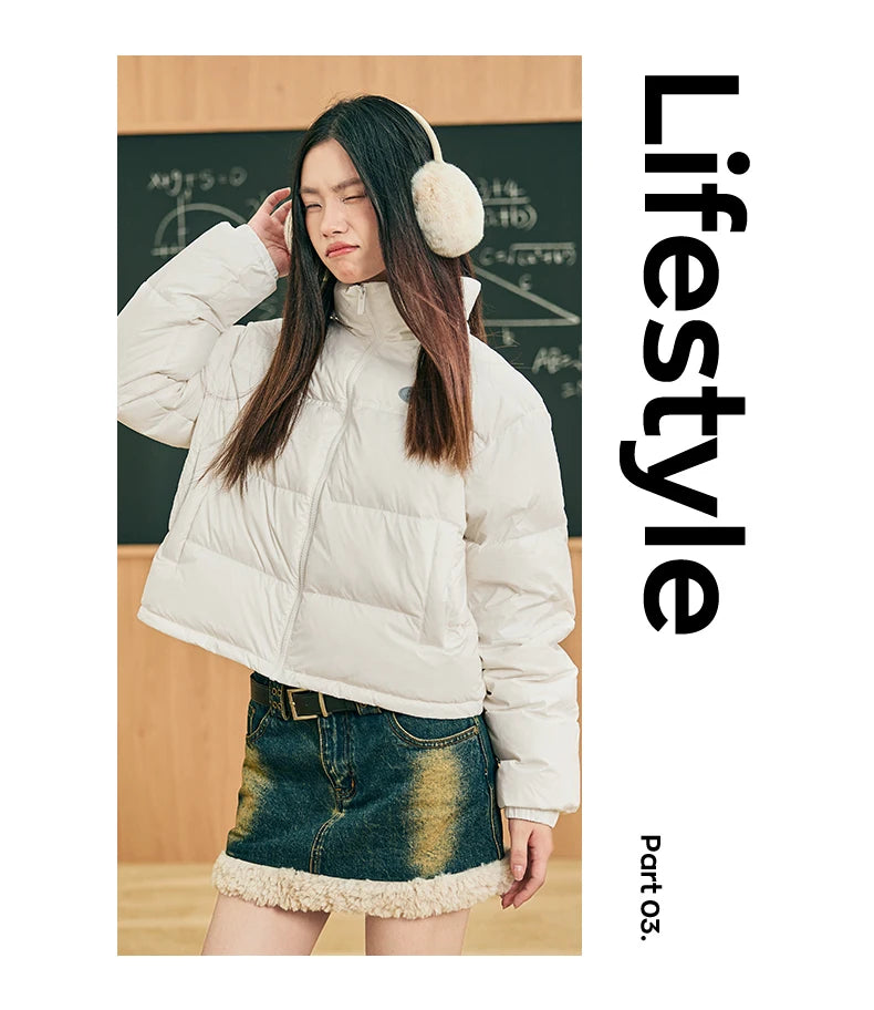 Xtep Down Jacket For Women 2024 Winter Soft Zip-up Short Water Resistence Coat Keep Warm Sporty Stand Collar Tops 876428190061