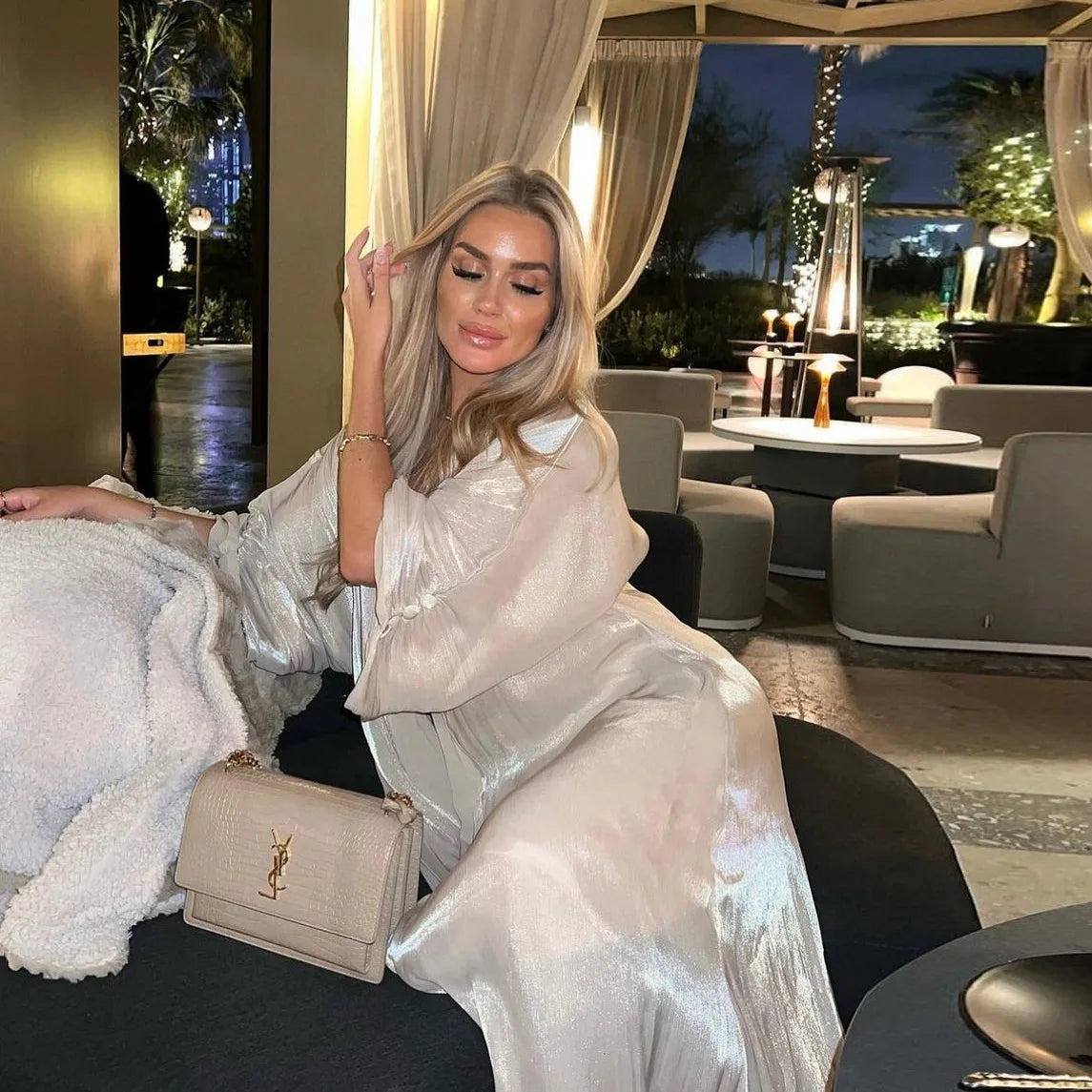 Eid Silky Abayas for Women Muslim Jalabiya Ramadan Robe Dress Button Sleeve Ramadan Caftan Party Dresses Vestido Largo Cardigan