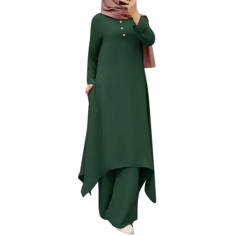 Eid Muslim Women Blouses Dress Wide Leg Pants Set 2 Piece Musulman Ensemble Dubai Casual Arab Ramadan Kaftan 2024 Outfit Suits