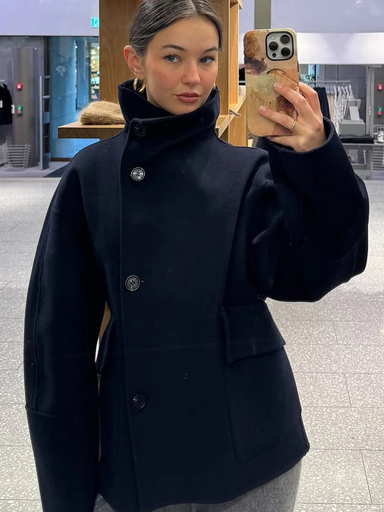 2025 Autumn Winter Stand Collar Coat Women Big Pockets Wool Blend Long Sleeve Single-breasted Thick Jacket Female Lady Outwears