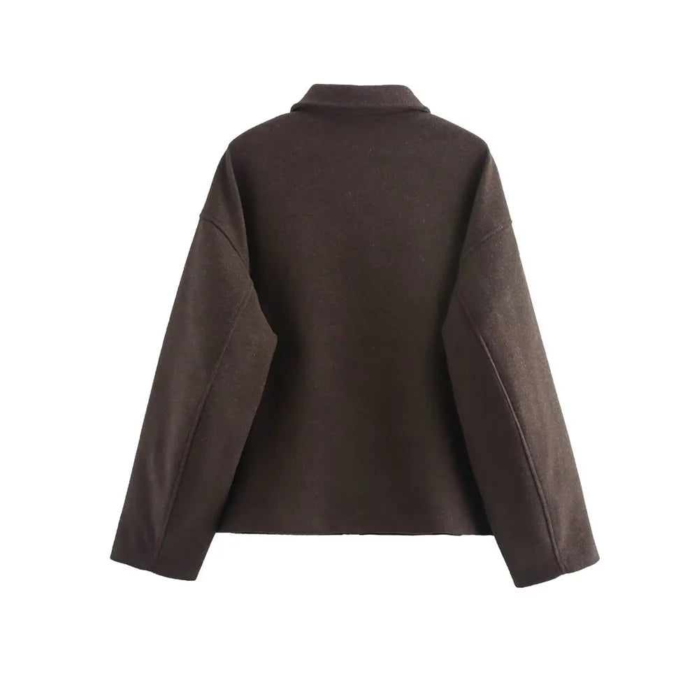 TRZA Women's Oversized Woolen Jacket Coat Long Sleeve Front Zipper Chic Outerwear with Pockets Fashion Top