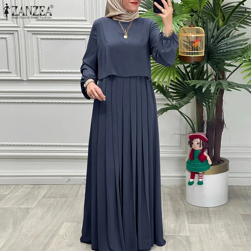 Women Autumn Patchwork Dresses 2025 ZANZEA Muslim Abaya Robe Femme Elegant Long Sleeve Solid Pleated Sundress IsIamic Clothing
