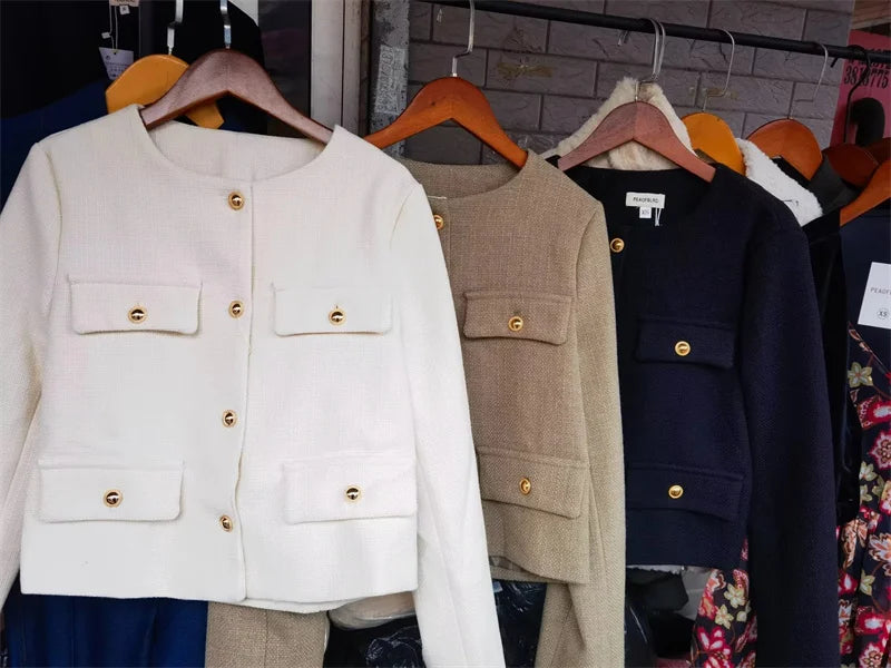 MUJER Tweed Cropped Jacket Woman Long Sleeve Vintage Jacket Woman Fashion Button Elegant Jackets For Women New In Short Coats