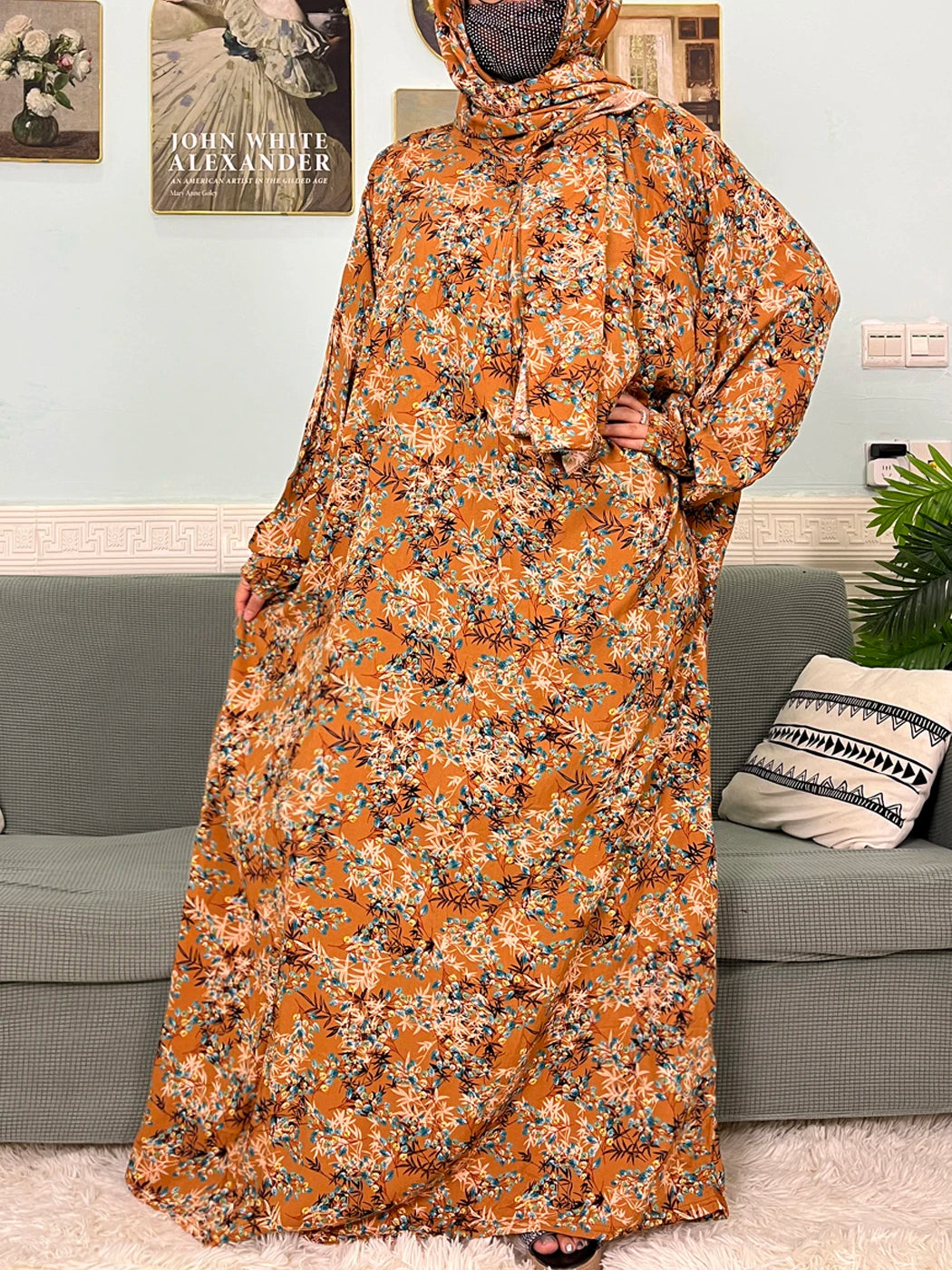 Muslim Cotton Abayas For Women Traditional Floral Ramadan Prayer Garment African Caftan Marocain Femme Robe Connected Headscarf