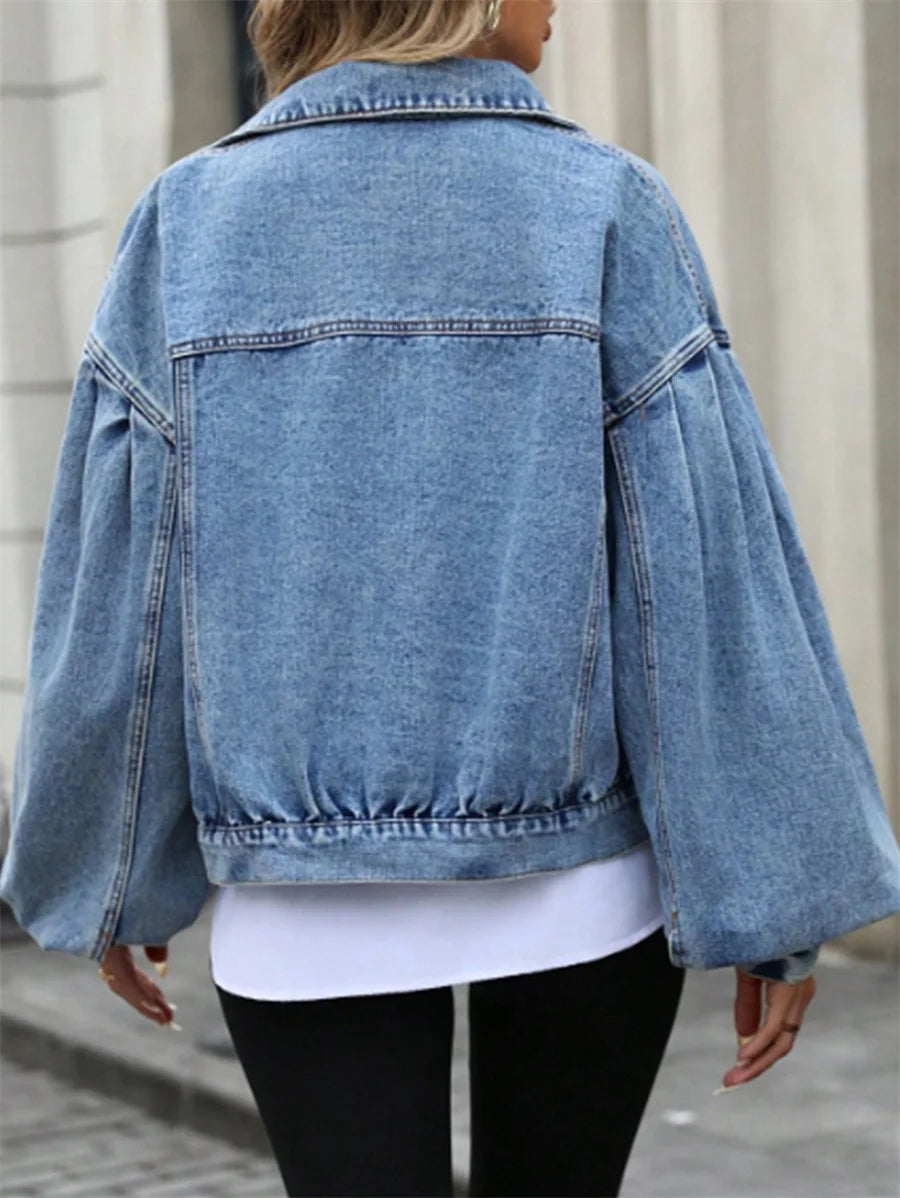 Benuynffy 2025 Autumn Vintage Lantern Sleeve Denim Jacket Women's Casual Streetwear Single Breasted Loose Short Jean Jackets