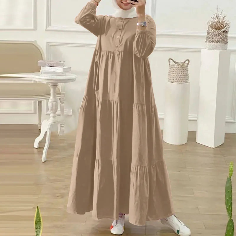 ZANZEA Autumn Women Long Vestidos Muslim Fashion O Neck Islamic Hijab Casual Loose Maxi Dress Tiered Long Sleeve Abaya Robes