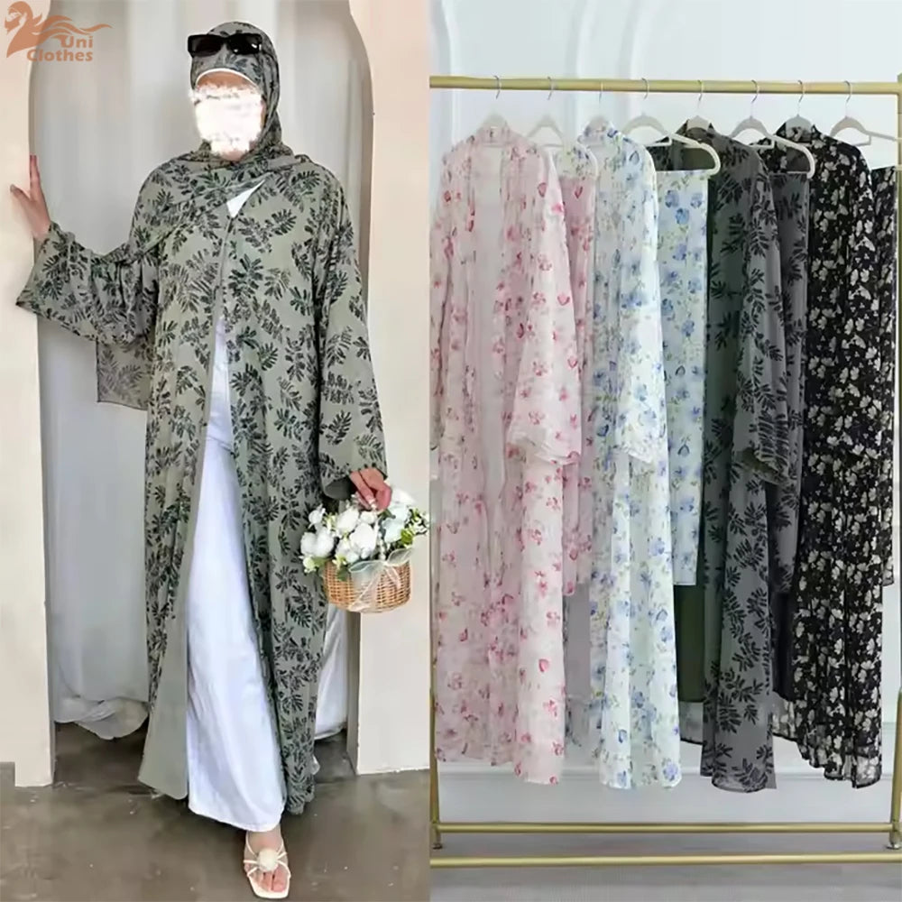 Summer Ramadan Chiffon Modest Abaya Women Muslim Dress Two Pieces Set Front Open Printed Kimono Abaya With Matching Hijab Scarf