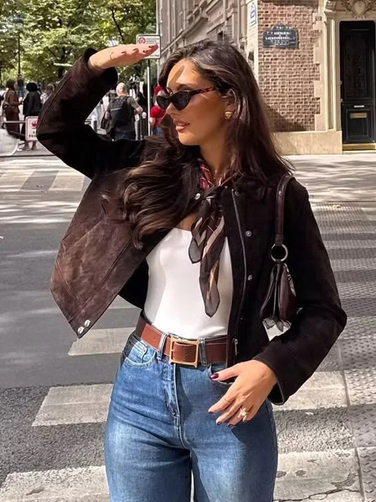 HH Women Autumn Fashion Versatile Suede Blend Lapel Long Sleeves Pockets Jacket Female Elegant High Street Zipper Slim Coats