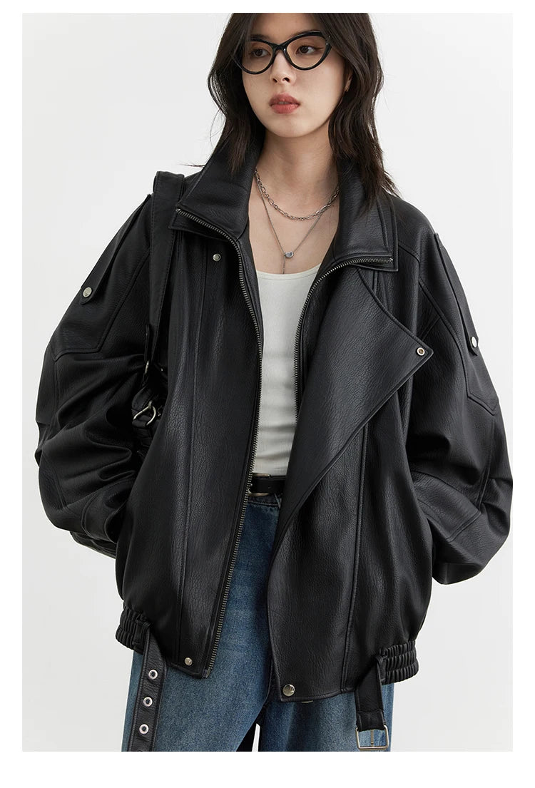 CHIC VEN Female PU Jacket Solid Loose New Retro Standing Collar Motorcycle Faux Leather Coat Female Top Spring Autumn 2024