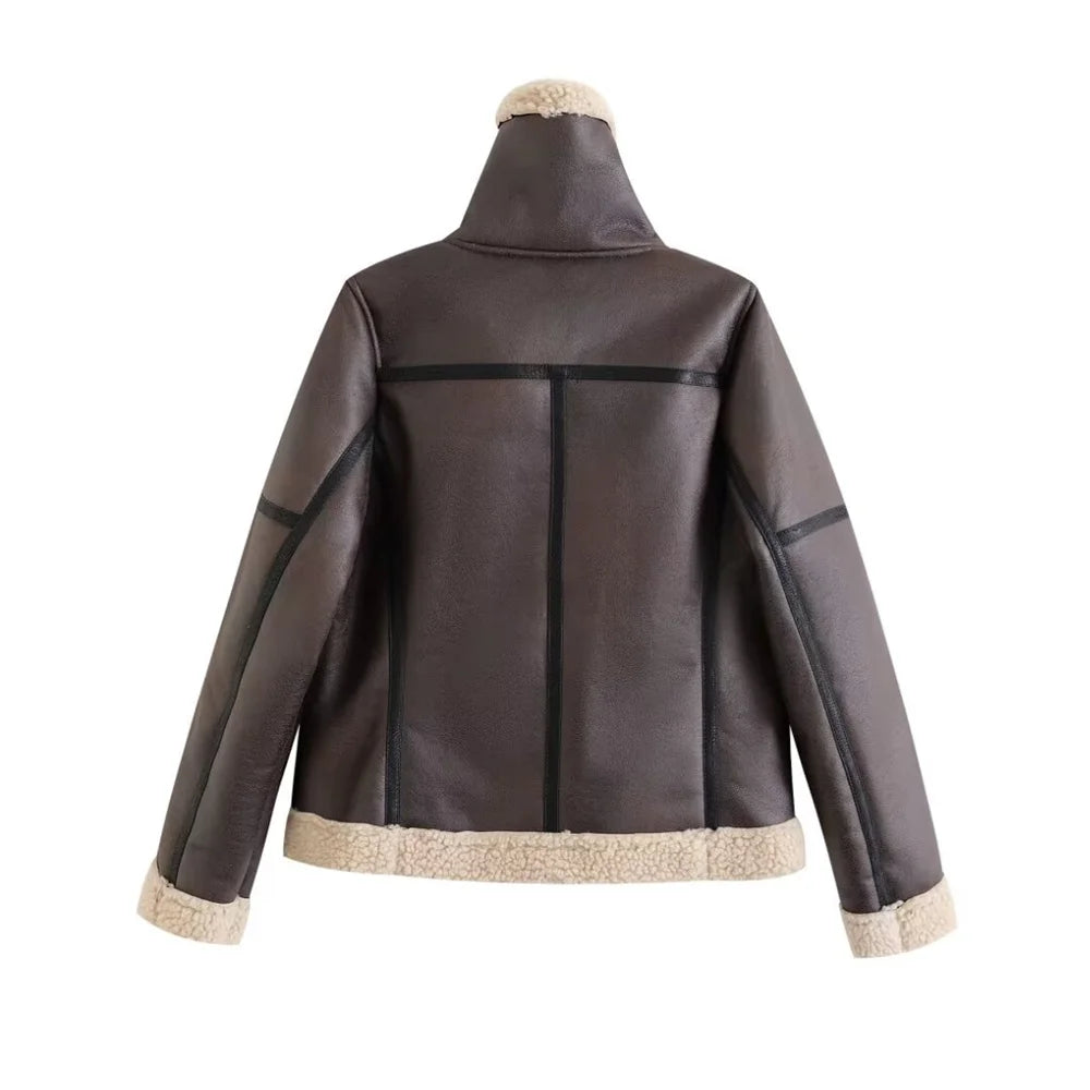 UNIZERA 2024 Autumn/Winter New Product Fashion Women's Wear Fur Integrated Coat Retro Motorcycle Jacket Top