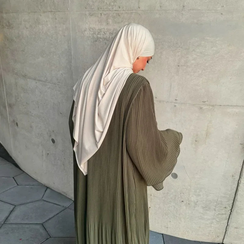 Muslim Dubai New Style Pleated Wrap Dress Pure Color Women's Fashion Green Light Peach Color Long Robe Traditional Middle East