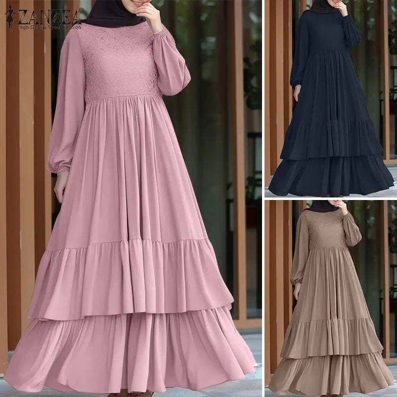 ZANZEA Elegant Women Autumn Long Sleeve Muslim Abaya Hijab Sundress IsIamic Robe Femme Maxi Long Dresses Patchwork Vestidos 2024