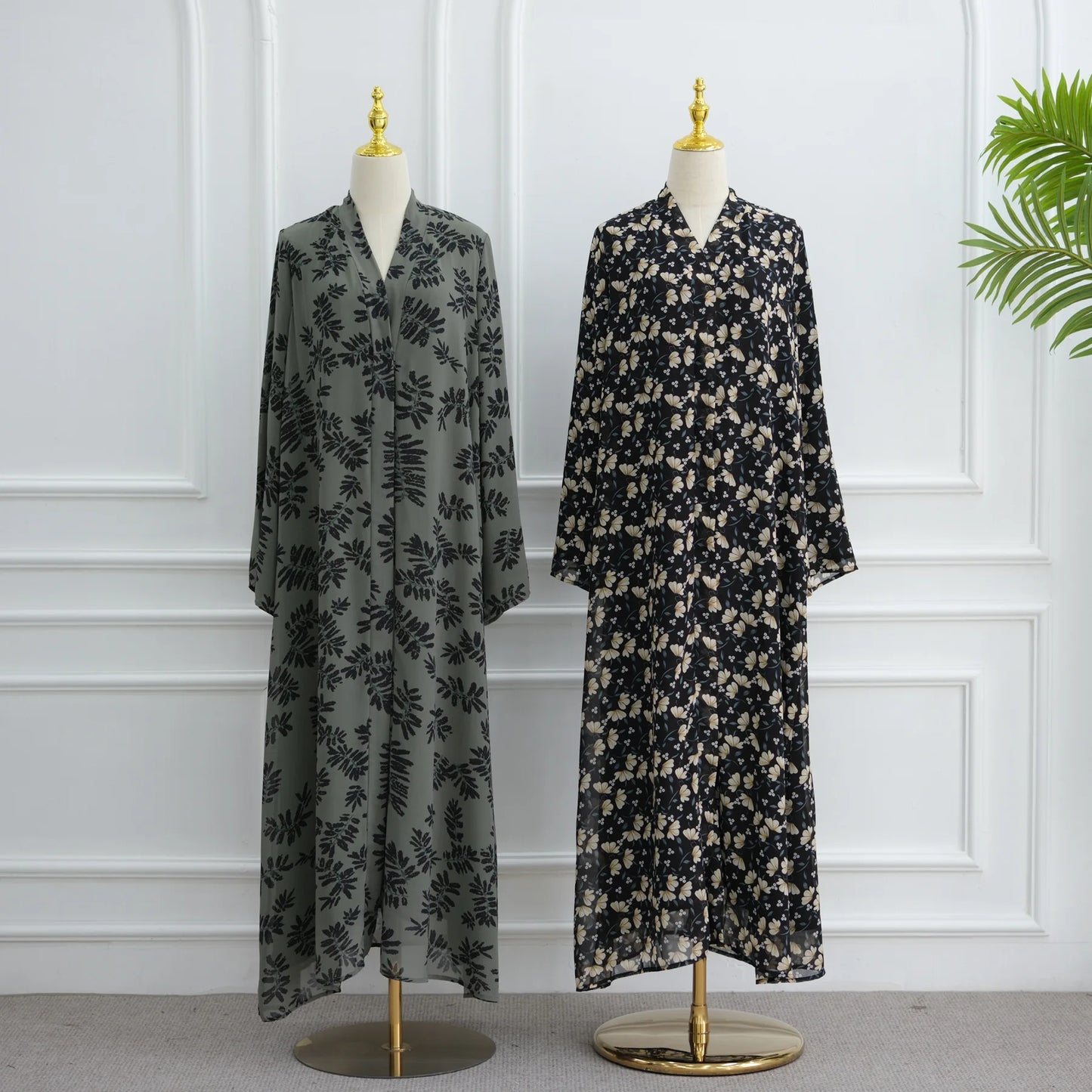 Summer Ramadan Chiffon Modest Abaya Women Muslim Dress Two Pieces Set Front Open Printed Kimono Abaya With Matching Hijab Scarf