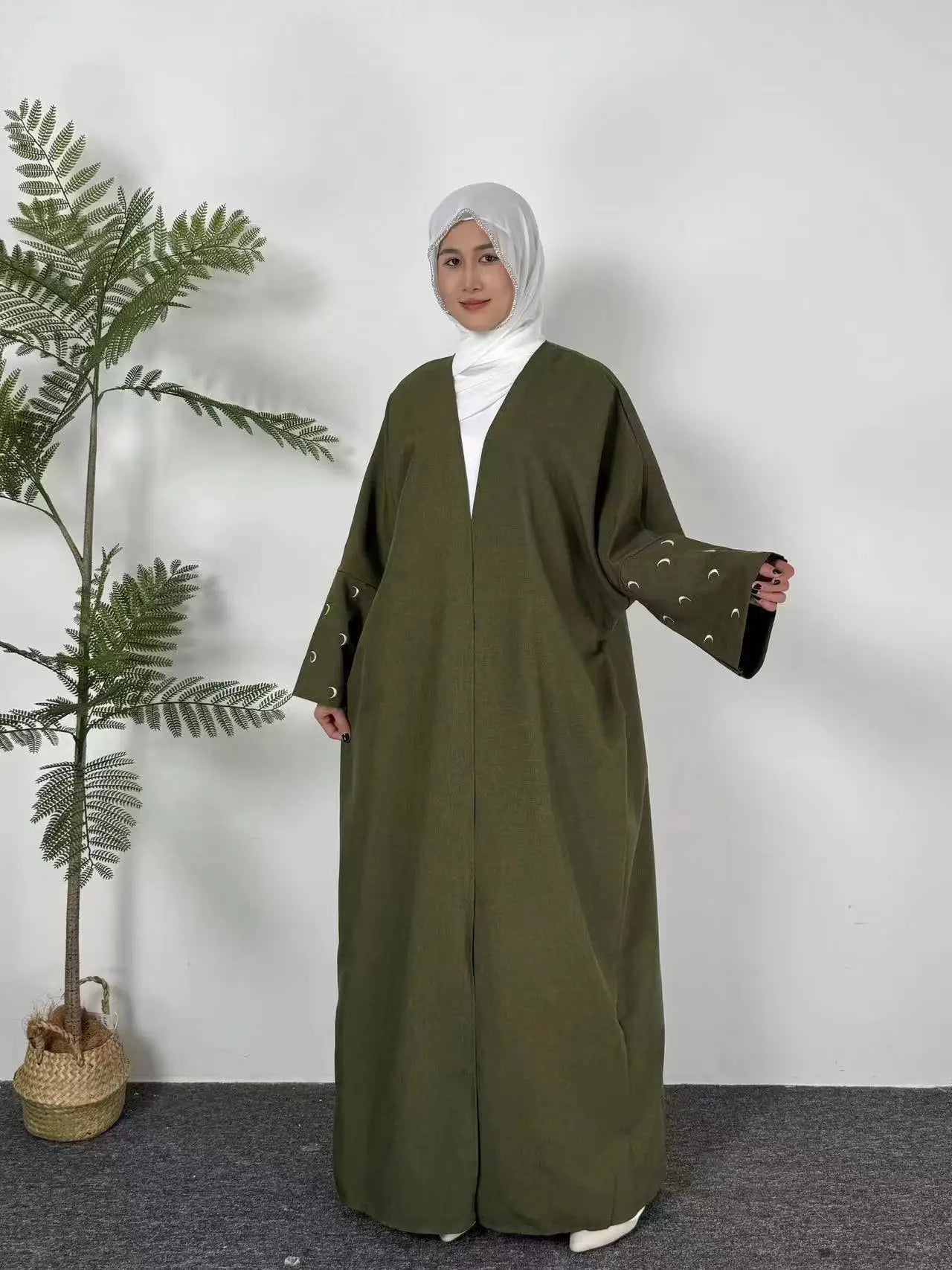 Moon Embroidery Open Front Abaya,Long Sleeve Maxi Length Dress Women's Clothing Muslim Cardigan Abayas Out Kaftans Women Jilbabs