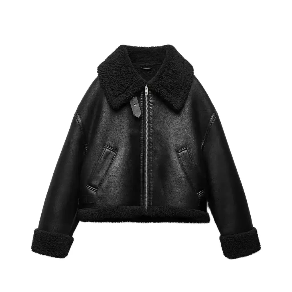 Autumn and Winter New Women's Fur Fleece Loose Double-sided Motorcycle Jacket Short Coat Street Style Comfortable Warm