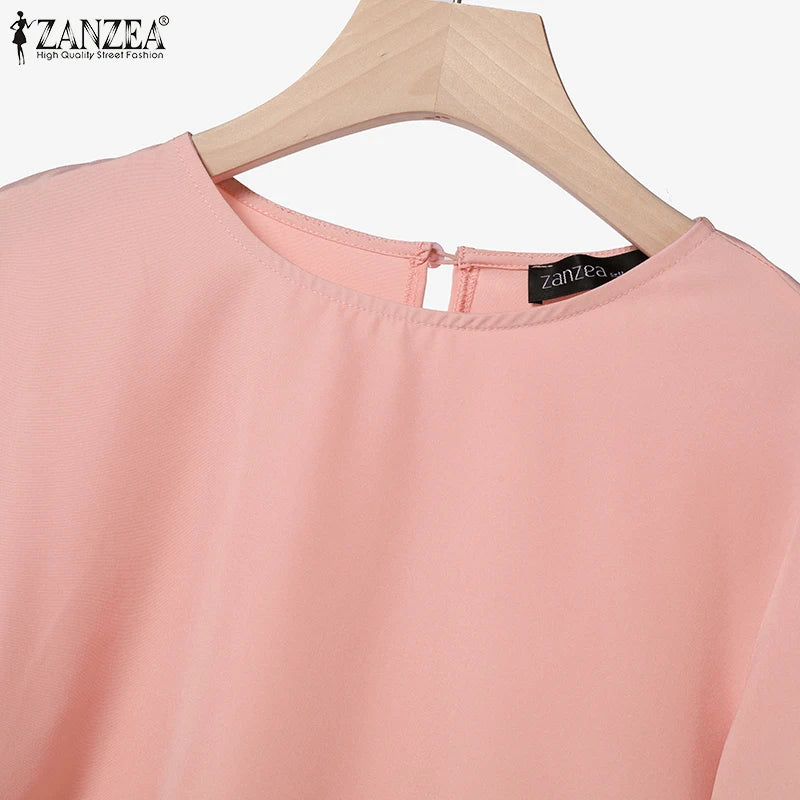 ZANZEA Muslim Woman 2 Piece Sets Islamic Fashion Ruched 3/4 Sleeve Tops Pleated Maxi Skirts 2PCS Outfits Solid Color Skirt Sets