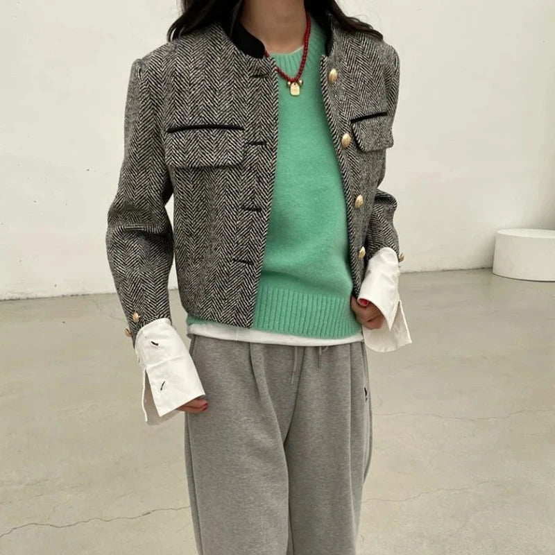 Fashion Metal Button Stand Collar  Short Jackets Women Korean Patchwork Plaid Coat 2025 Spring Long Sleeve Cropped Outwear