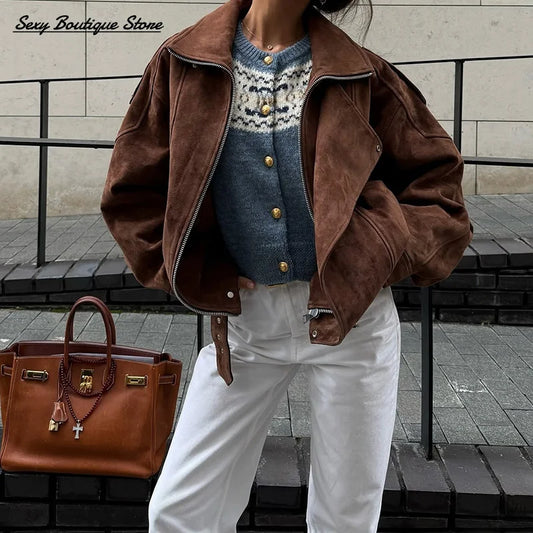 Vintage Fashion Faux Suede Jacket For Women Long Sleeve Lapel Oversize Coat Casual Zipper Outwear 2025 New Lady Commuter Clothes