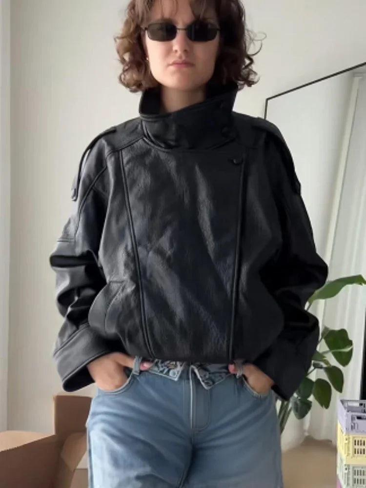 Street PU Leather Loose Jacket Women Fashion Solid Full Sleeve Stand Collar Single Breasted Coats Female 2025 Autumn Lady Coat