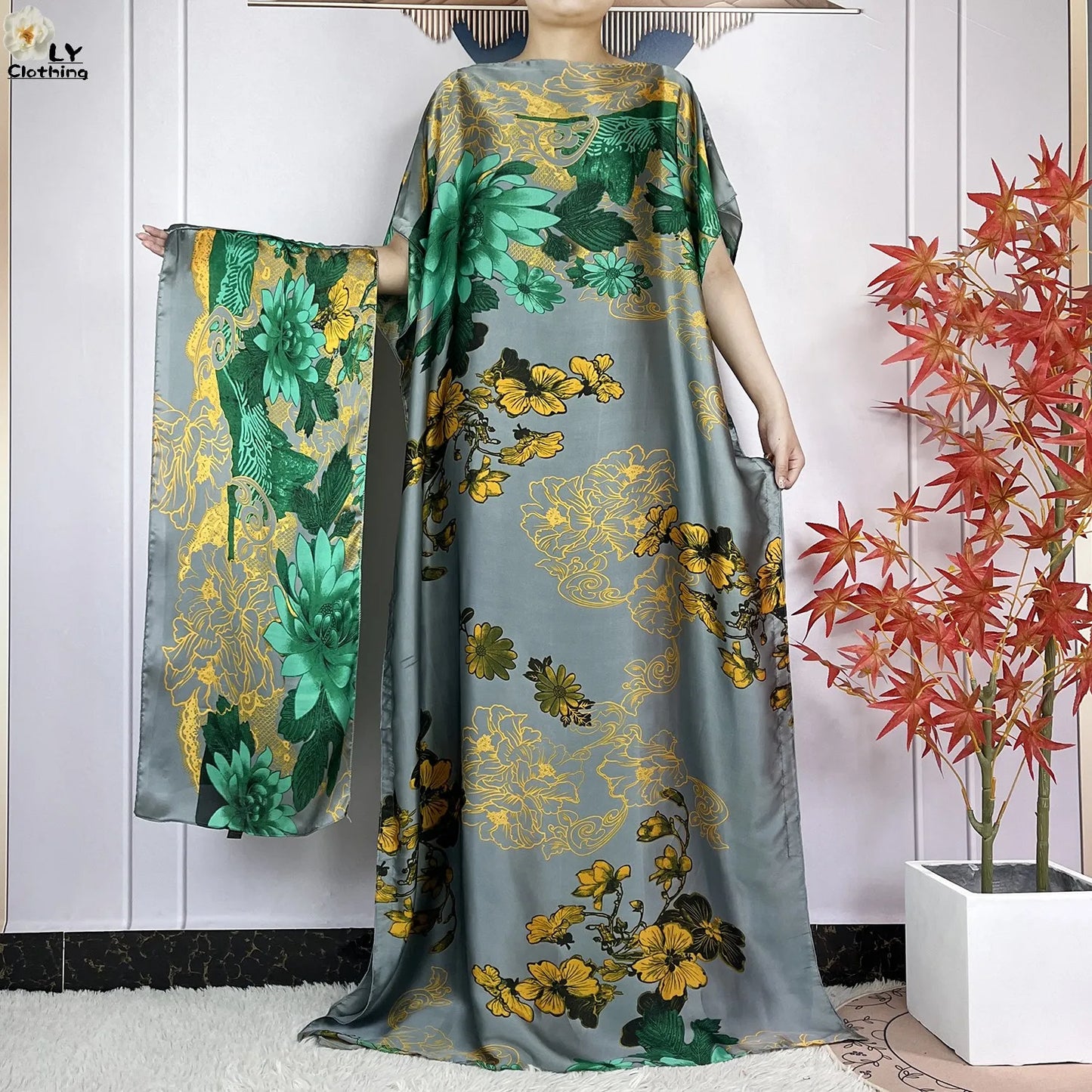 2024 Abayas Woman Short Sleeve Dress Print Loose Silk Soft Robe Elegant Fashion Dubai Islam Lady Party Maxi Summer Lady Clothing