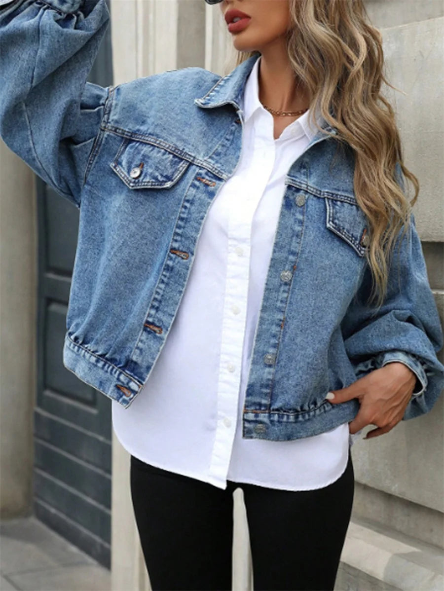 Benuynffy 2025 Autumn Vintage Lantern Sleeve Denim Jacket Women's Casual Streetwear Single Breasted Loose Short Jean Jackets