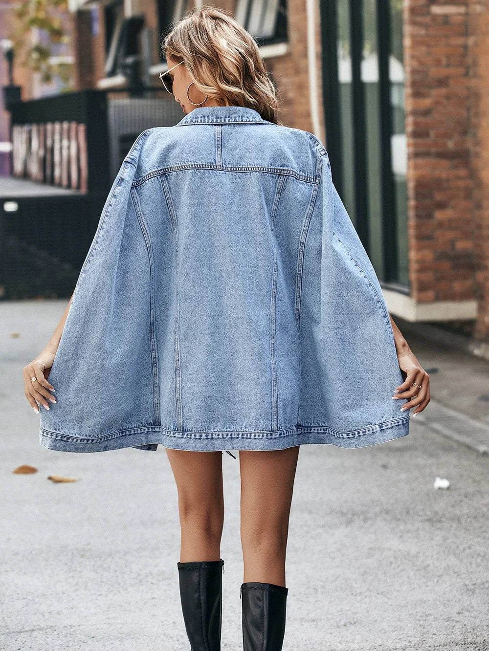Benuynffy Single Breasted Cape Denim Coat Women Spring Fall Fashion Vintage Pockets Loose Jean Jacket Female Streetwear