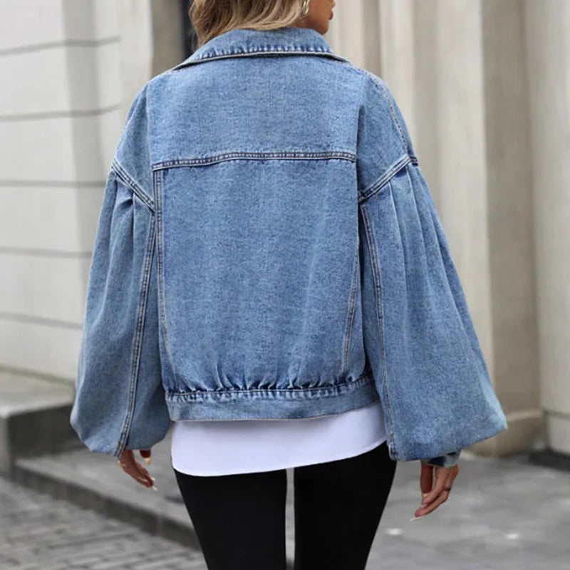 Benuynffy 2025 Autumn Vintage Lantern Sleeve Denim Jacket Women's Casual Streetwear Single Breasted Loose Short Jean Jackets