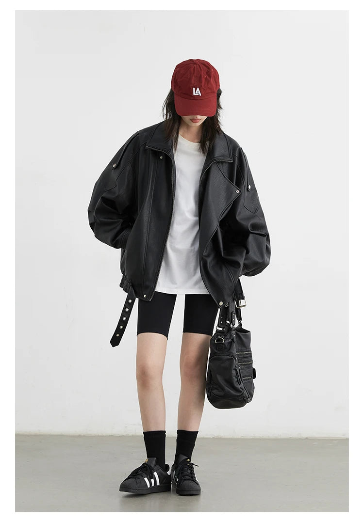 CHIC VEN Female PU Jacket Solid Loose New Retro Standing Collar Motorcycle Faux Leather Coat Female Top Spring Autumn 2024