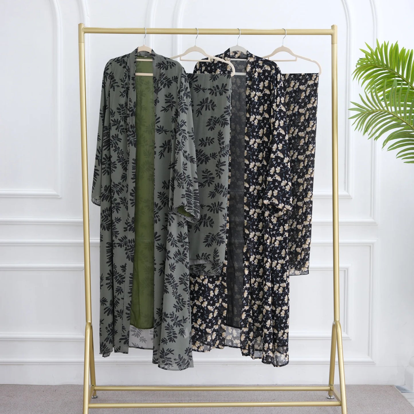 Summer Ramadan Chiffon Modest Abaya Women Muslim Dress Two Pieces Set Front Open Printed Kimono Abaya With Matching Hijab Scarf