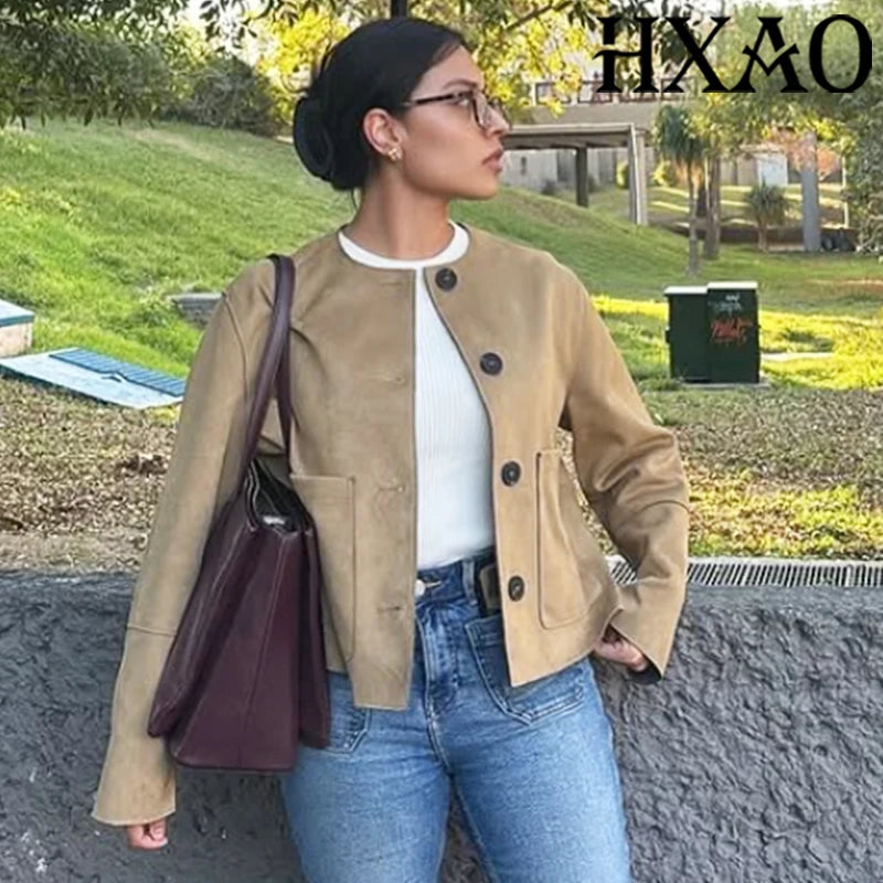 HXAO Demi-Season Suede Jacket Women Cropped Coat Autumn Faux Bomber Jacket Outerwear Button Elegant New Jacket Short Coat