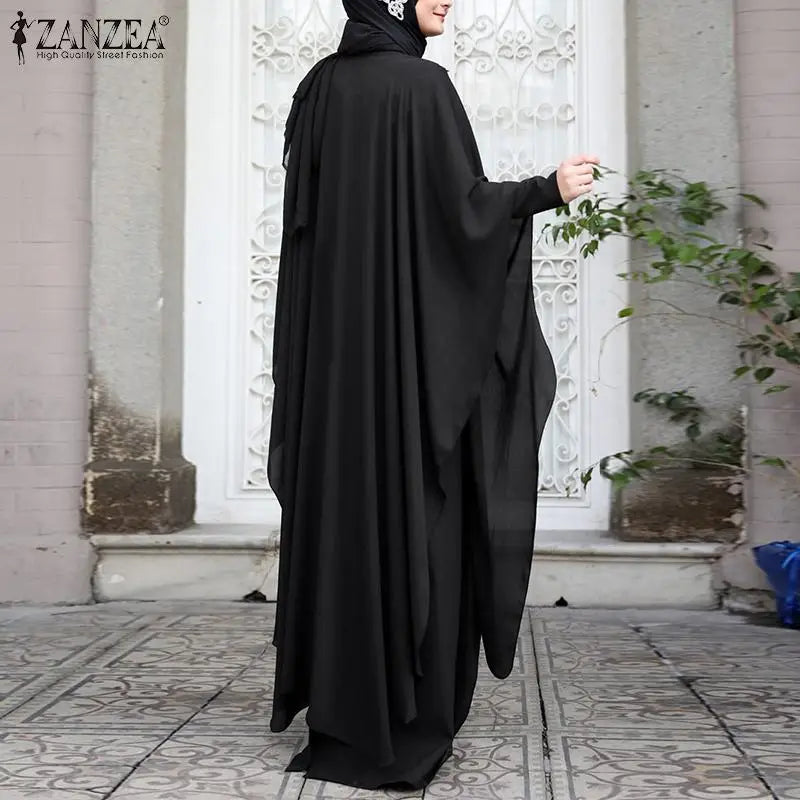 ZANZEA Women Chiffon Abaya Eid Mubarek Muslim Dresses Robe Long Sleeve Hijab Vestidos Fashion Abayas For Women Isamic Clothing