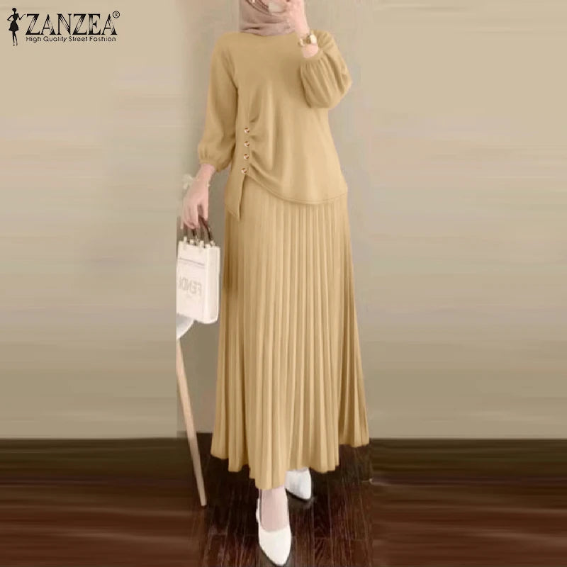 ZANZEA Muslim Woman 2 Piece Sets Islamic Fashion Ruched 3/4 Sleeve Tops Pleated Maxi Skirts 2PCS Outfits Solid Color Skirt Sets
