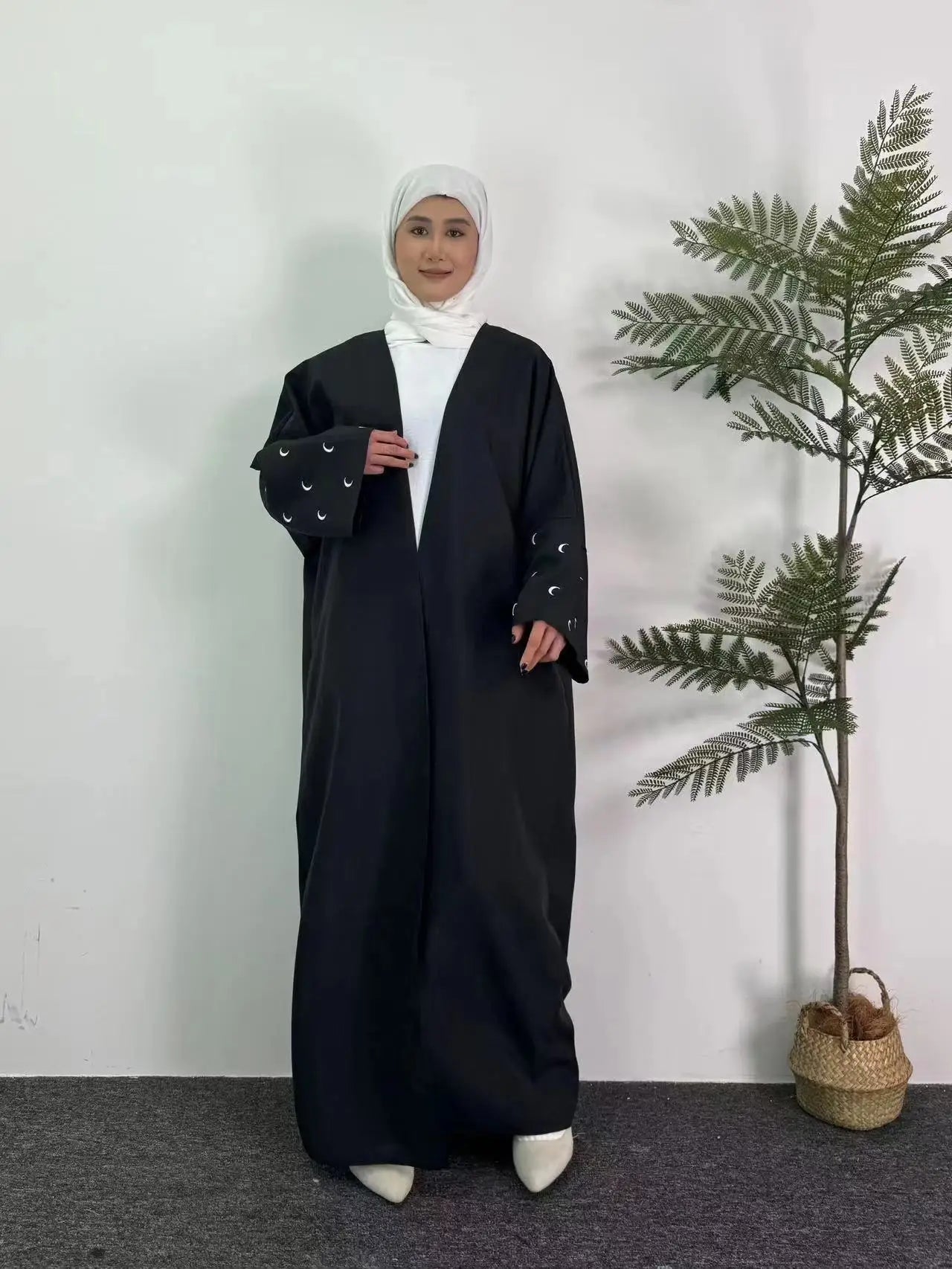 Moon Embroidery Open Front Abaya,Long Sleeve Maxi Length Dress Women's Clothing Muslim Cardigan Abayas Out Kaftans Women Jilbabs