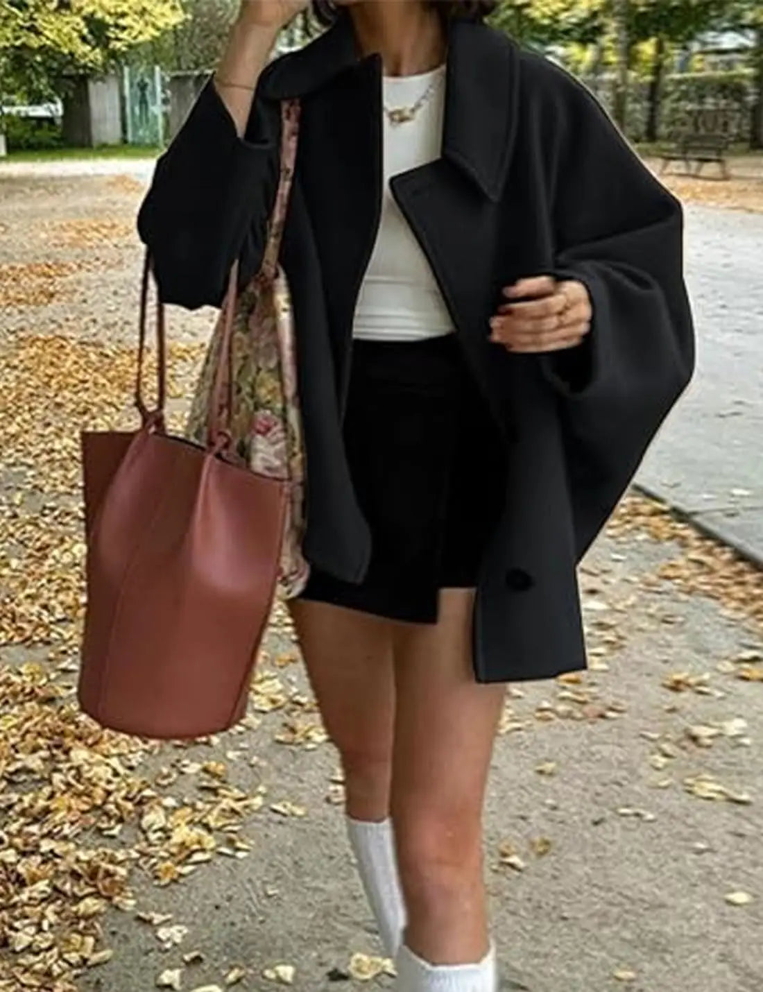 ZBZA Women's Oblique Button Loose Batwing Sleeve Jacket Coat Lapel Double Pocket Warm Solid Vintage Outerwear Fall Winter Coat