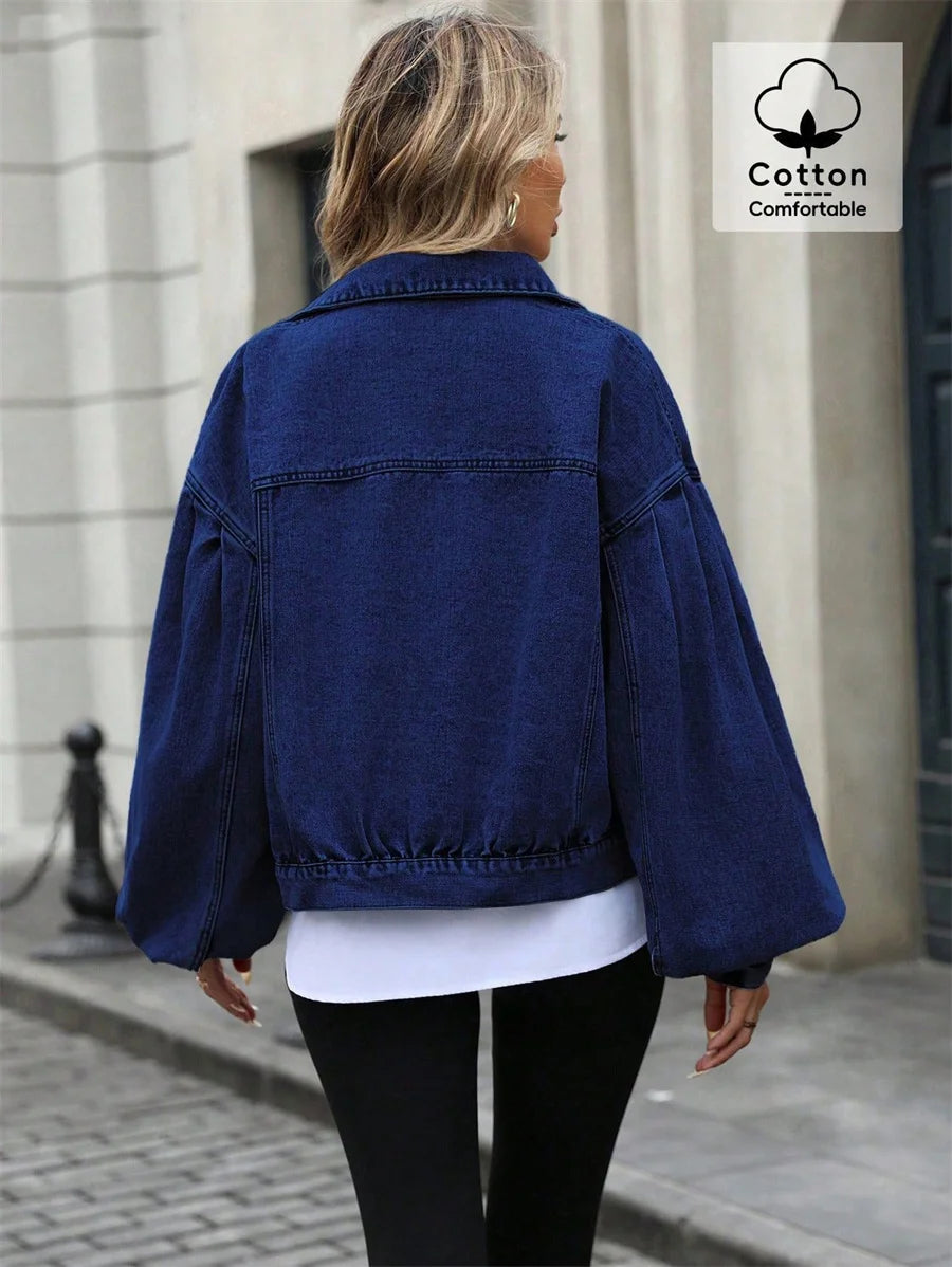 Benuynffy 2025 Autumn Vintage Lantern Sleeve Denim Jacket Women's Casual Streetwear Single Breasted Loose Short Jean Jackets