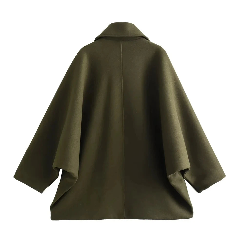 ZBZA Women's Oblique Button Loose Batwing Sleeve Jacket Coat Lapel Double Pocket Warm Solid Vintage Outerwear Fall Winter Coat