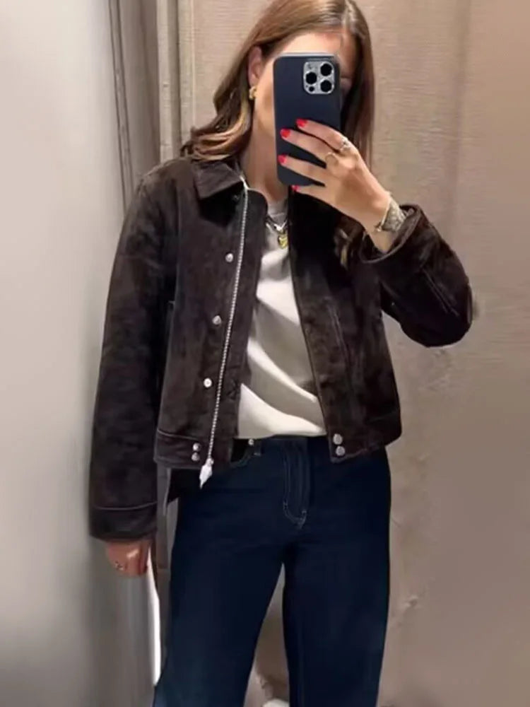 HH Women Autumn Fashion Versatile Suede Blend Lapel Long Sleeves Pockets Jacket Female Elegant High Street Zipper Slim Coats