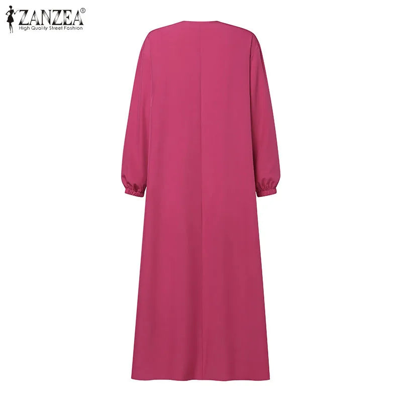 ZANZEA Autumn Women Long Vestidos Muslim Fashion O Neck Islamic Hijab Casual Loose Maxi Dress Tiered Long Sleeve Abaya Robes
