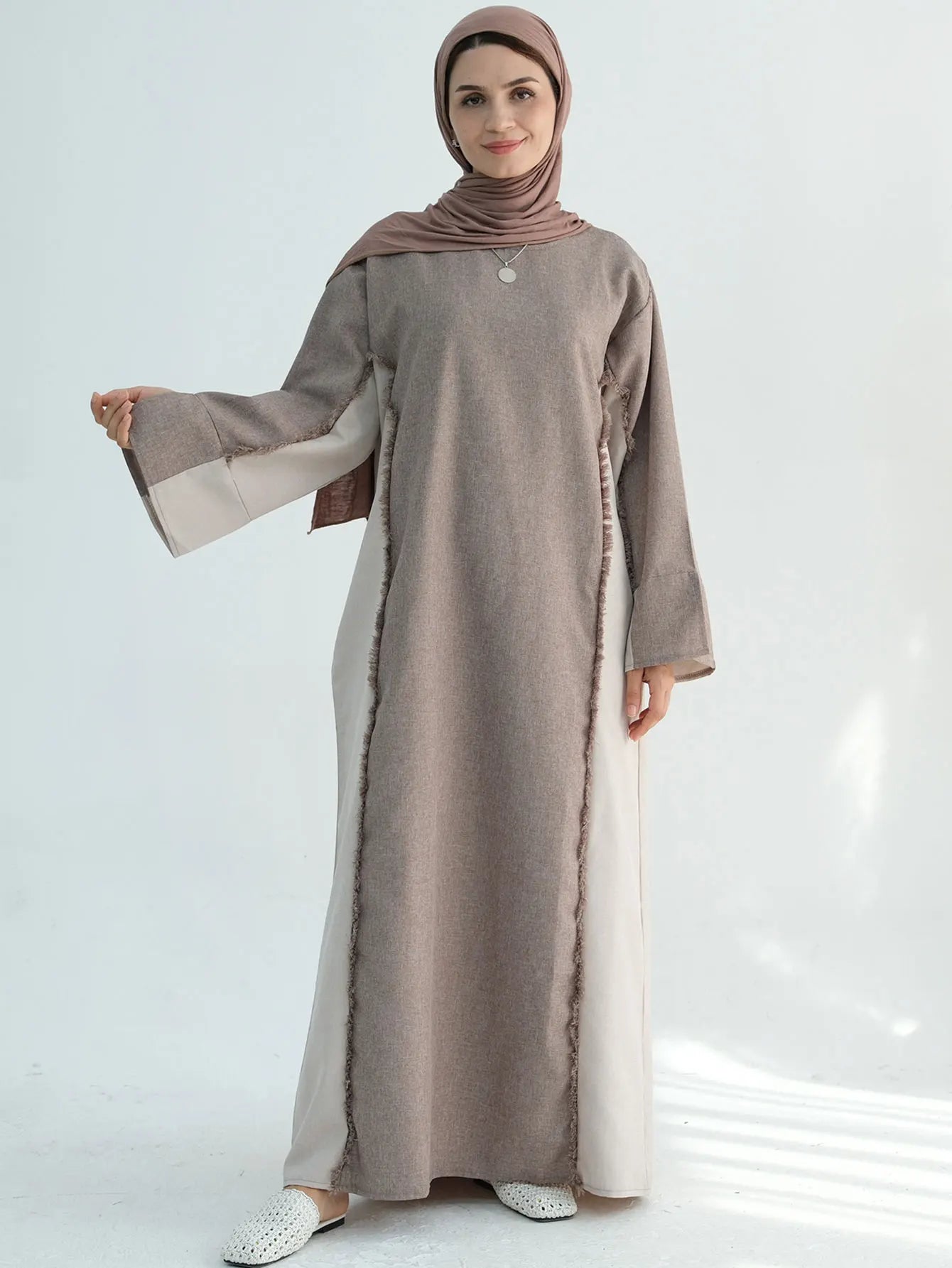 New Trend Contrast Color Women Dresses Modest Abaya Muslim Women Dress Linen Frayed Closed Abaya Ramadan EID Dubai Abaya 2025