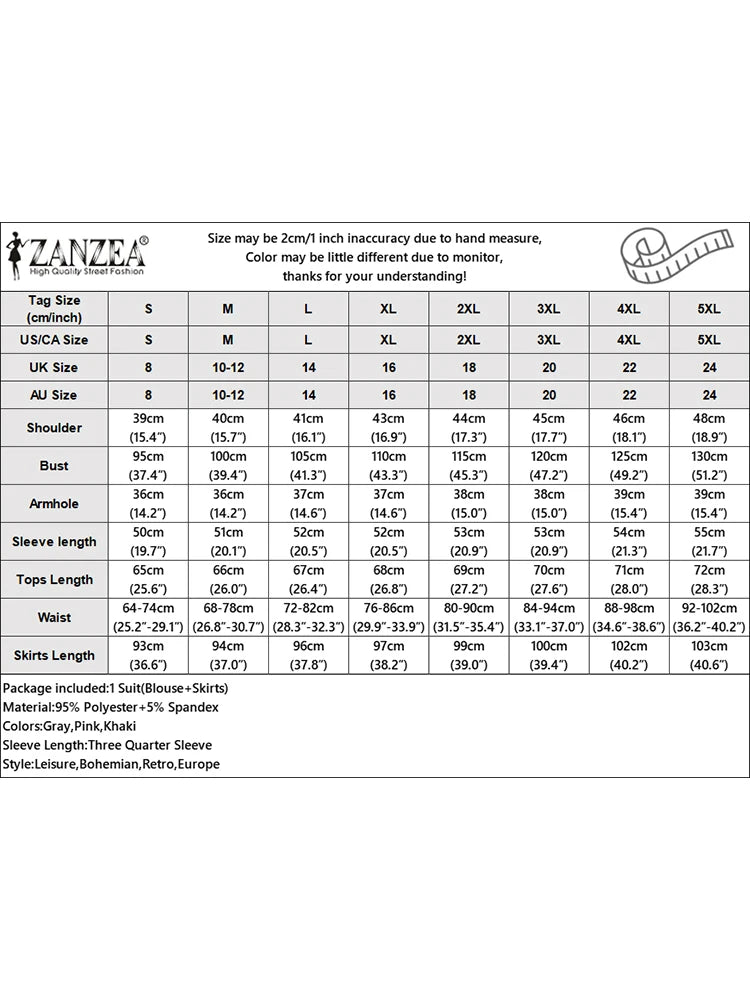 ZANZEA Muslim Woman 2 Piece Sets Islamic Fashion Ruched 3/4 Sleeve Tops Pleated Maxi Skirts 2PCS Outfits Solid Color Skirt Sets