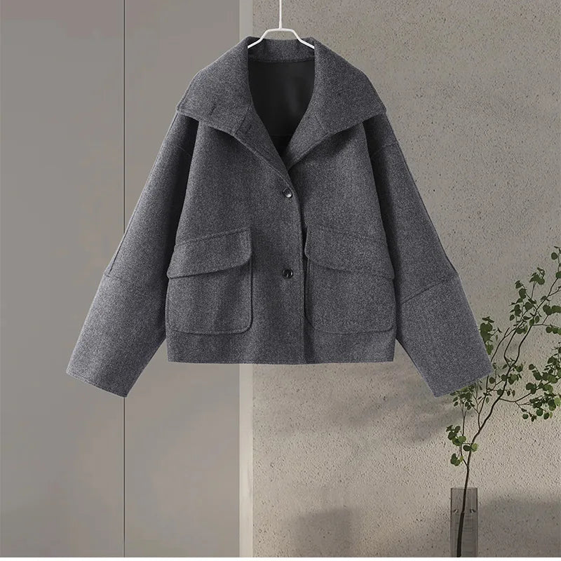 2025 Autumn Winter Stand Collar Coat Women Big Pockets Wool Blend Long Sleeve Single-breasted Thick Jacket Female Lady Outwears