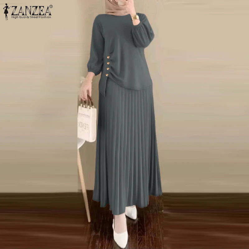 ZANZEA Muslim Woman 2 Piece Sets Islamic Fashion Ruched 3/4 Sleeve Tops Pleated Maxi Skirts 2PCS Outfits Solid Color Skirt Sets
