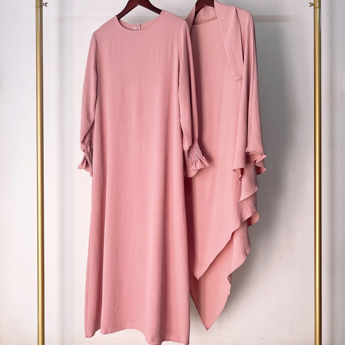 2 Pcs Muslim Set  New Sweet Solid Color Long Dress+Single Layer Shawl Suit  Abaya and Khimar Set Jilbab 2 Pcs Ramadan Long Hijab