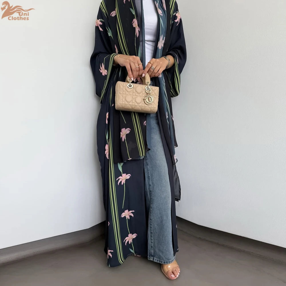 Uni Islamic Clothing Modest Abaya Women Muslim Dress Front Open Printed Abaya 2025 With Hijab Scarf Two Piece Set for Summer