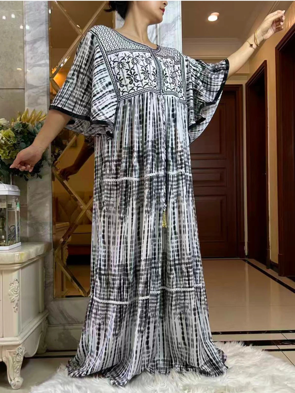 2025 New Muslim Abaya Summer Dress Short Sleeve Collect Waist Floral Loose Boubou Maxi Islam Women Dress African Abaya Clothing