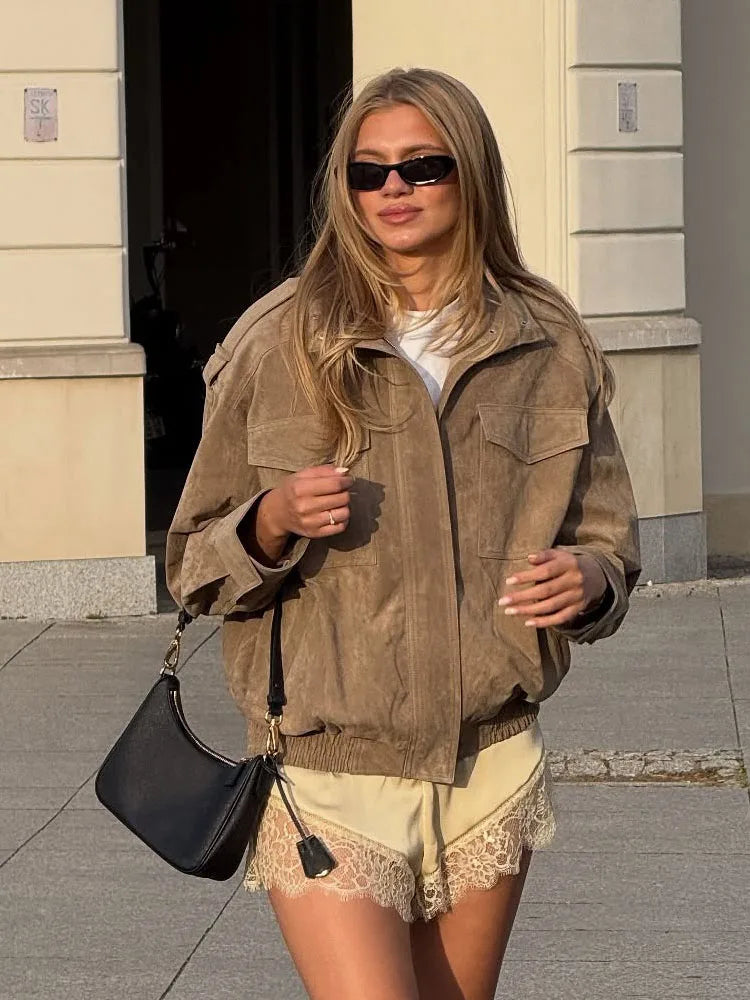 HH Women's New Fashion Long Sleeves Jackets Solid Turtleneck Pocket Decoration Zipper Female Autumn High Street Coats