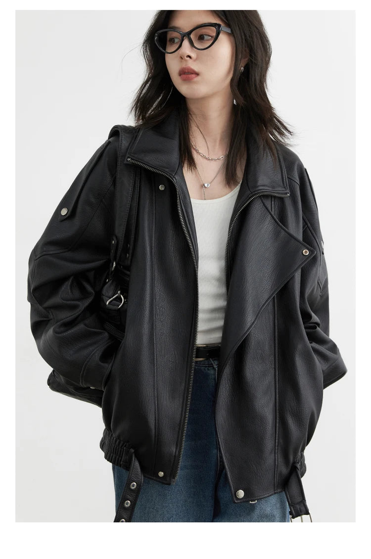 CHIC VEN Female PU Jacket Solid Loose New Retro Standing Collar Motorcycle Faux Leather Coat Female Top Spring Autumn 2024