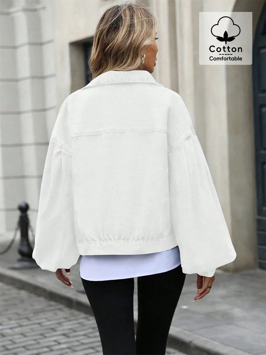 Benuynffy 2025 Autumn Vintage Lantern Sleeve Denim Jacket Women's Casual Streetwear Single Breasted Loose Short Jean Jackets